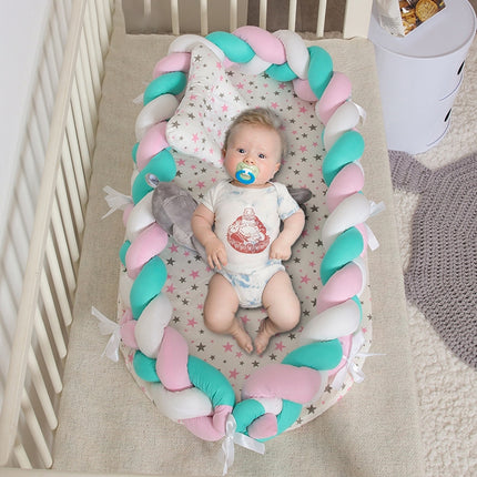 Cotton Woven Folding Portable Crib Bed Bionic Removable and Washable Manual Fence Three-dimensional Protective Crib(White blue pink)-garmade.com