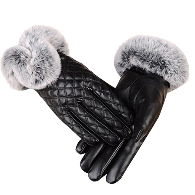 Women PU Leather Gloves Imitated Rabbit Fur Thick Warm Winter and Autumn Female Gloves(Black)-garmade.com