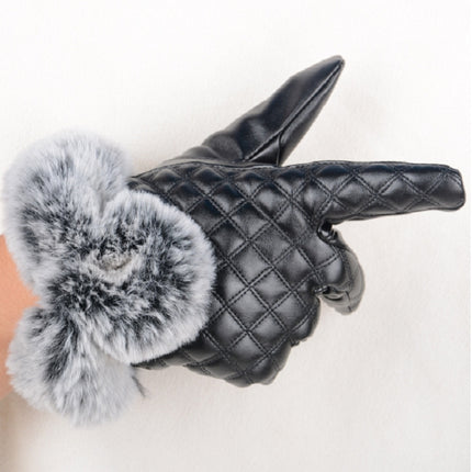 Women PU Leather Gloves Imitated Rabbit Fur Thick Warm Winter and Autumn Female Gloves(Black)-garmade.com