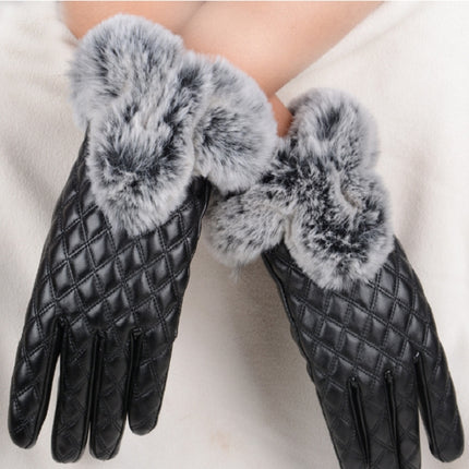 Women PU Leather Gloves Imitated Rabbit Fur Thick Warm Winter and Autumn Female Gloves(Black)-garmade.com
