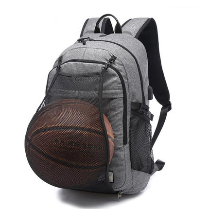 Multifunction Student Basketball Bag Men Outdoor Hiking Fitness Sports Bag, with External USB Charging Port(Grey)-garmade.com