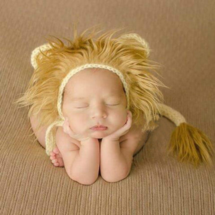 Newborn Photography Little Lion Wool Cartoon Hat and Tail Props For 0-2 Month(Hat + Tail)-garmade.com
