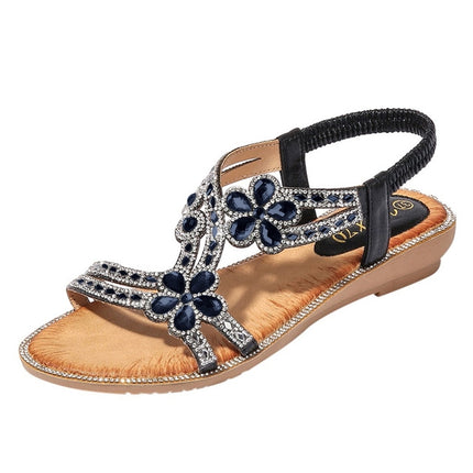 Bohemia Summer Women Crystal Flat Sandals, Shoe Size:36(Black)-garmade.com