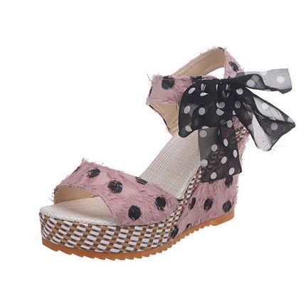 Women Sandals Dot Bowknot Platform Wedge Shoes, Size:35(Pink)-garmade.com