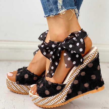Women Sandals Dot Bowknot Platform Wedge Shoes, Size:35(Black)-garmade.com