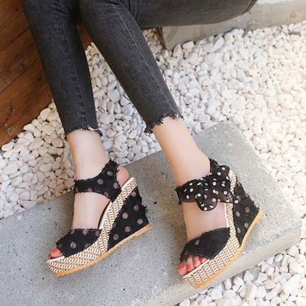 Women Sandals Dot Bowknot Platform Wedge Shoes, Size:35(Black)-garmade.com