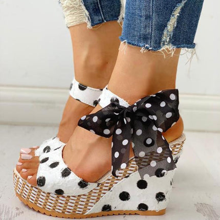 Women Sandals Dot Bowknot Platform Wedge Shoes, Size:36(White)-garmade.com
