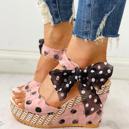 Women Sandals Dot Bowknot Platform Wedge Shoes, Size:39(Pink)-garmade.com