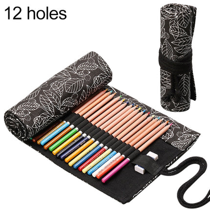 Cute Leaf Portable Canvas School Pencil Case Pen Bag Stationery Pouch(Black leaf 12 holes)-garmade.com