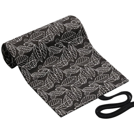 Cute Leaf Portable Canvas School Pencil Case Pen Bag Stationery Pouch(Black leaf 12 holes)-garmade.com