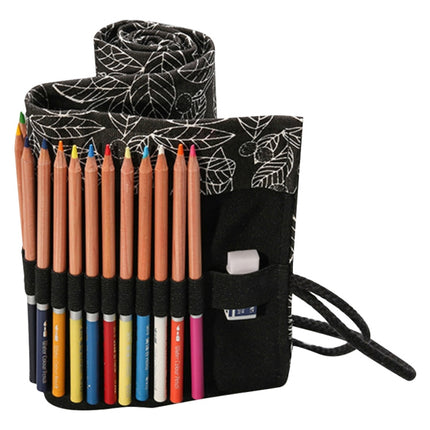 Cute Leaf Portable Canvas School Pencil Case Pen Bag Stationery Pouch(Black leaf 72 holes)-garmade.com