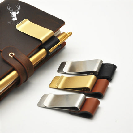 Metal Leather Pen Holder Stainless Steel Pencil Clip Notebook Pen Holder(Gold-Brown)-garmade.com
