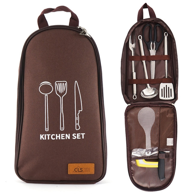 CLS 7-In-1 Outdoor 201 Stainless Steel Cookware Set Picnic Kitchenware Portable Handbag Picnic Bag(Coffe)-garmade.com
