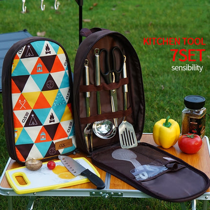 CLS 7-In-1 Outdoor 201 Stainless Steel Cookware Set Picnic Kitchenware Portable Handbag Picnic Bag(Triangle Pattern)-garmade.com