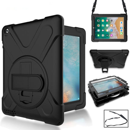 360 Degree Rotation Silicone Protective Cover with Holder and Hand Strap and Long Strap for iPad 9.7 (2017) & (2018)(Black)-garmade.com
