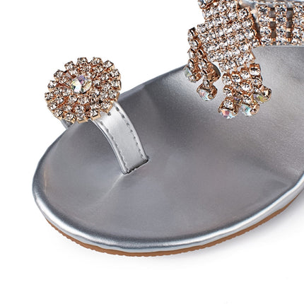 Open Toe Chunky Heel Sandals Crystal Rhinestones Beach Flip, Shoe Size:41(Silver)-garmade.com