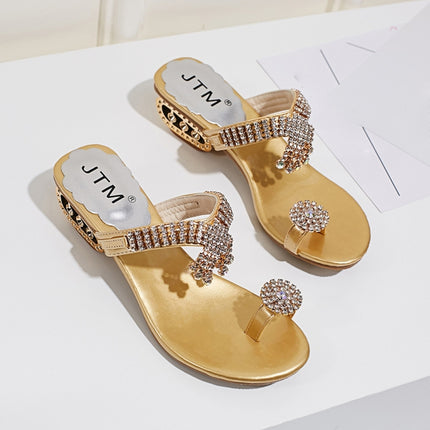 Open Toe Chunky Heel Sandals Crystal Rhinestones Beach Flip, Shoe Size:41(Gold)-garmade.com