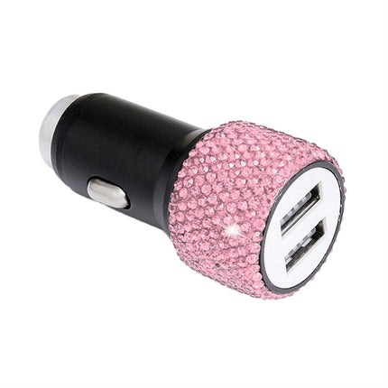 Diamond Car Dual USB Charge Mobile Phone Safety Hammer Charger(pink)-garmade.com