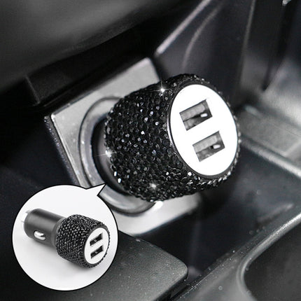 Diamond Car Dual USB Charge Mobile Phone Safety Hammer Charger(black)-garmade.com