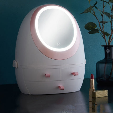 Desktop Dustproof Portable Cosmetic Storage Box With Mirror, Colour: White Mirror With Light-garmade.com
