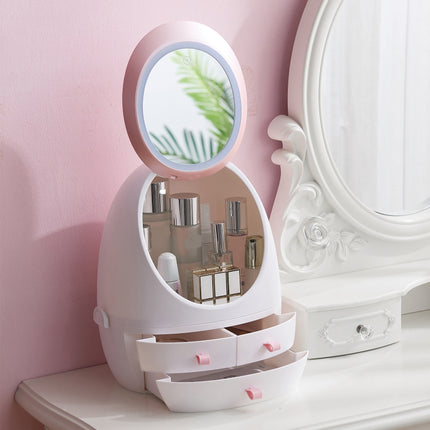 Desktop Dustproof Portable Cosmetic Storage Box With Mirror, Colour: White Mirror With Light-garmade.com
