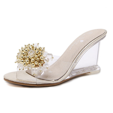 Woman Glass Rhinestone Wedge Heels, Shoe Size:34(Gold)-garmade.com