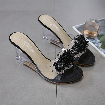 Woman Glass Rhinestone Wedge Heels, Shoe Size:34(Gold)-garmade.com