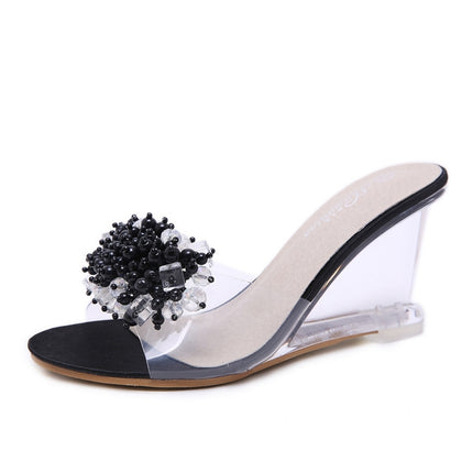 Woman Glass Rhinestone Wedge Heels, Shoe Size:35(Black)-garmade.com