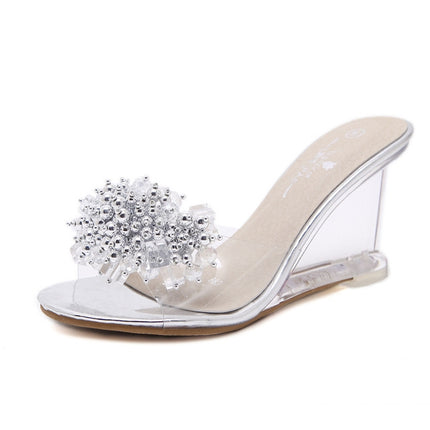 Woman Glass Rhinestone Wedge Heels, Shoe Size:35(Silver)-garmade.com