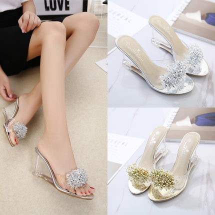 Woman Glass Rhinestone Wedge Heels, Shoe Size:41(Gold)-garmade.com