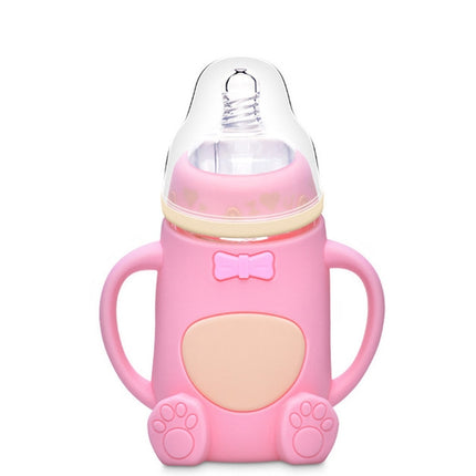 Baby Silicone Glass Bottles Drop-proof and Flatulence-proof Glass Baby Bottle(Style 2 Pink)-garmade.com