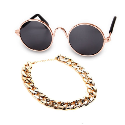 Fashion Cool Funny Pet Accessories Sunglasses Vintage Straw Hat Dog Gold Necklace Bell Collar Cat Tie, Size: Two-Piece-garmade.com