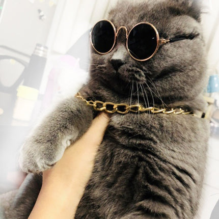 Fashion Cool Funny Pet Accessories Sunglasses Vintage Straw Hat Dog Gold Necklace Bell Collar Cat Tie, Size: Three-Piece-garmade.com