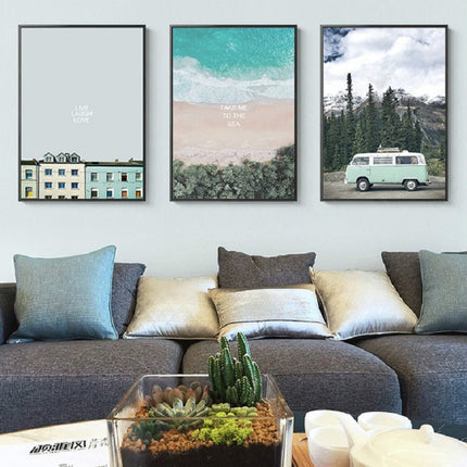 Ocean Landscape Canvas Poster Decoration Home Painting Art Paintings Frameless Painting Core, Size:30x45 cm(Seaside Bus)-garmade.com