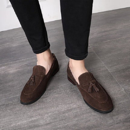 Men Leather Shoes Suede Tassels Slip-on Peas Shoes, Size:37(Brown)-garmade.com