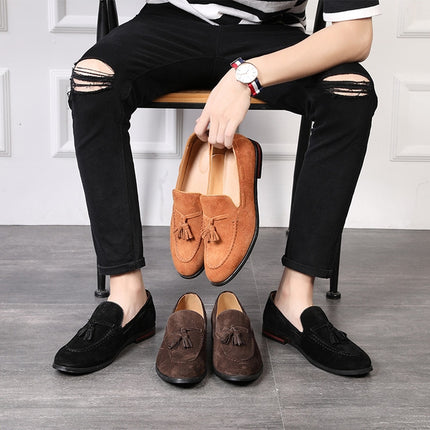 Men Leather Shoes Suede Tassels Slip-on Peas Shoes, Size:37(Brown)-garmade.com