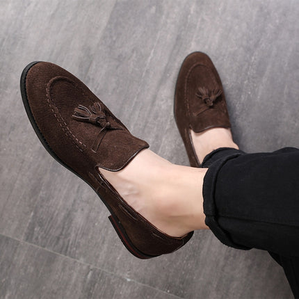 Men Leather Shoes Suede Tassels Slip-on Peas Shoes, Size:38(Brown)-garmade.com