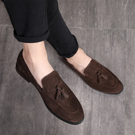 Men Leather Shoes Suede Tassels Slip-on Peas Shoes, Size:38(Brown)-garmade.com