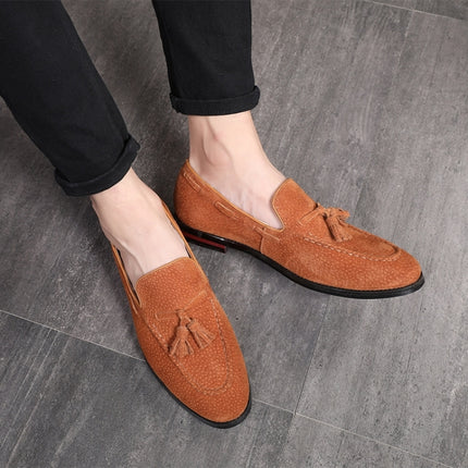 Men Leather Shoes Suede Tassels Slip-on Peas Shoes, Size:47(Yellow)-garmade.com