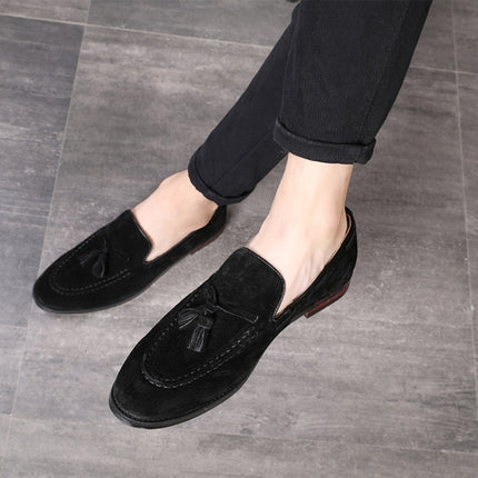 Men Leather Shoes Suede Tassels Slip-on Peas Shoes, Size:47(Black)-garmade.com