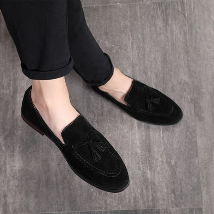 Men Leather Shoes Suede Tassels Slip-on Peas Shoes, Size:47(Black)-garmade.com