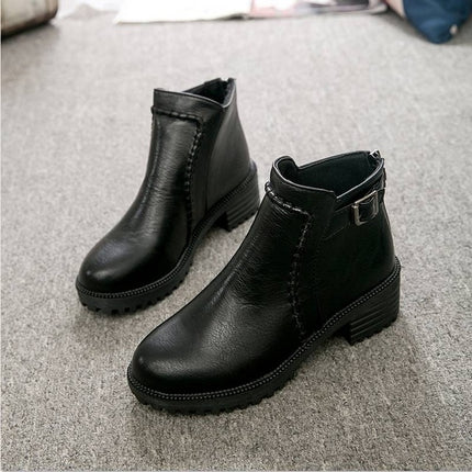 Round Toe Zippers Chunky Boots Short Plush Square Heels Ankle Boots for Women, Size:35(Black)-garmade.com