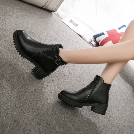 Round Toe Zippers Chunky Boots Short Plush Square Heels Ankle Boots for Women, Size:35(Black)-garmade.com