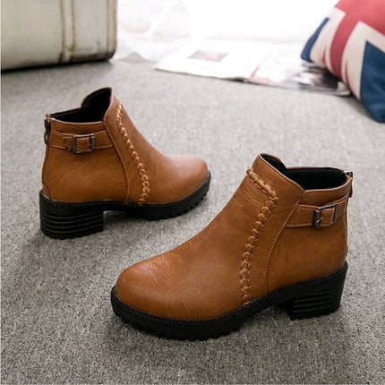 Round Toe Zippers Chunky Boots Short Plush Square Heels Ankle Boots for Women, Size:35(Brown)-garmade.com