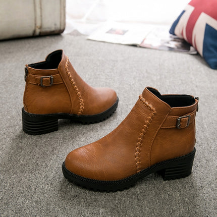 Round Toe Zippers Chunky Boots Short Plush Square Heels Ankle Boots for Women, Size:35(Brown)-garmade.com