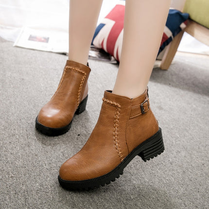 Round Toe Zippers Chunky Boots Short Plush Square Heels Ankle Boots for Women, Size:35(Brown)-garmade.com