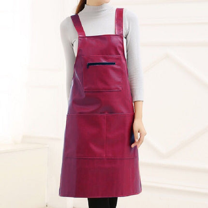Waterproof Oil Proof Soft Leather Thick Wear-resistant Men and Women Overalls Apron(Wine Red)-garmade.com