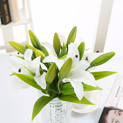 3 Branches Simulation Mini Lily Plastic Fake Flower Home Decoration Photography Wedding Supplies(White)-garmade.com