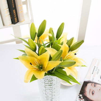 3 Branches Simulation Mini Lily Plastic Fake Flower Home Decoration Photography Wedding Supplies(Yellow)-garmade.com