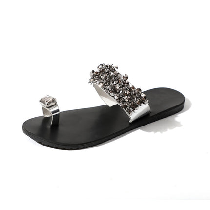 Flat Bottom Pin Rhinestone Sequins Sandals, Shoe Size:35(Black)-garmade.com